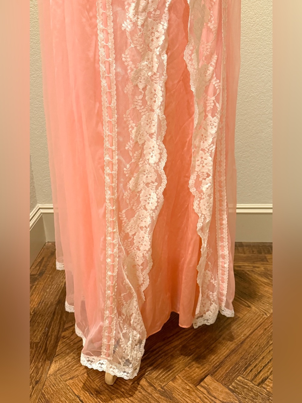 VTG 60s Sheer Peach 2 Pc Set Peignoir Robe Chiffon Lace Long Dressing Gown XXL - Picture 3 of 11